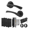 Nola Matt Black Door Handle Euro Lock Kit - Lever on Rose 78mm Euro Sashlock and Double Cylinder - Master Keyed