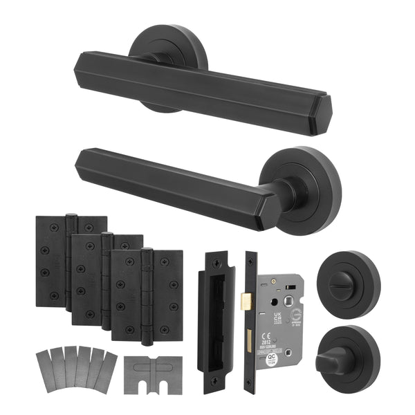 Moreno Matt Black Lever on Rose Door Handle Kit - Medium Duty FD30/60 - 80mm Bathroom Lock - tradefit - Featured Image