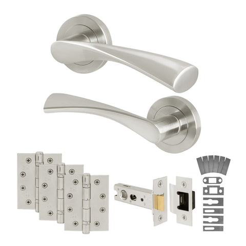 Nola Satin Nickel Door Handle Latch Kit - Fire Rated FD30/60 - Lever on Rose with 76mm Latch - tradefit