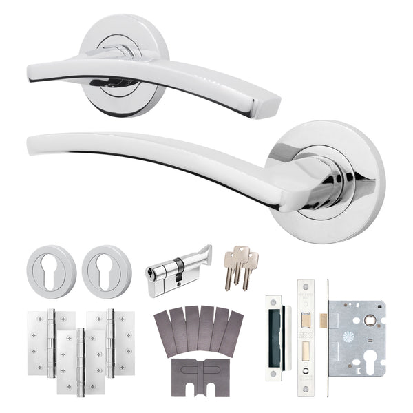 Euroda - Plus Polished Chrome Lever on Rose Fire Door Handle Pack - Euro Lock & Thumbturn Cylinder - FD30/60 - tradefit - Featured Image
