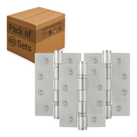 Case 40 Packs of 3 Fire Door Hinges 4" Stainless Steel Grade 13 Square Corner - 102x76x3mm - tradefit