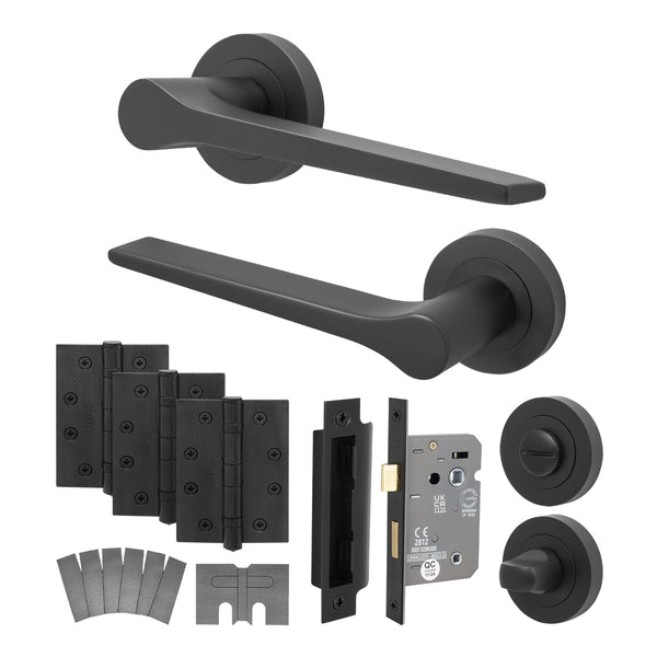 Tapera Matt Black Lever on Rose Door Handle Kit - Medium Duty FD30/60 - 80mm Bathroom Lock - tradefit - Featured Image