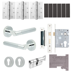 Aurora Polished Chrome Lever on Rose Door Handle Kit - Heavy Duty FD30/60 - DIN Latch - tradefit