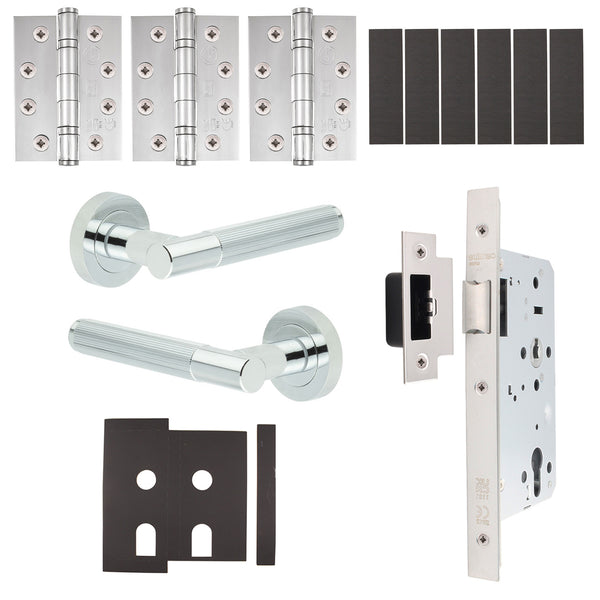 Aurora Polished Chrome Lever on Rose Door Handle Kit - Heavy Duty FD30/60 - DIN Latch - tradefit - Featured Image