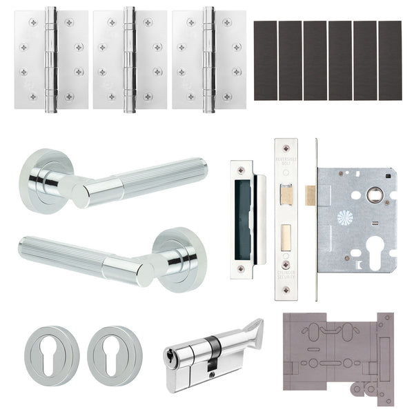 Aurora Polished Chrome Lever on Rose Door Handle Kit - Heavy Duty FD30/60 - DIN Latch - tradefit - Featured Image