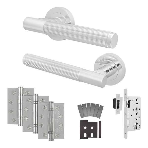 Aurora Polished Chrome Lever on Rose Door Handle Kit - Heavy Duty FD30/60 - DIN Latch - tradefit - Featured Image