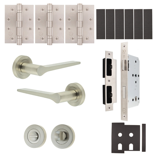 Tapera Satin Nickel Lever on Rose Door Handle Kit - Heavy Duty FD30/60 - DIN Bathroom Lock - tradefit - Featured Image