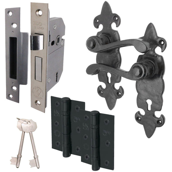 Fleur De Lys Antique Black Cast Iron Lever Door Handle Pack - BS3621 5 Lever Sashlock - tradefit - Featured Image