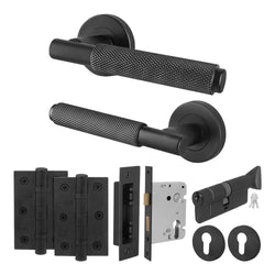 Dinis Matt Black Lever on Rose Door Handle Kit - 80mm Euro Sashlock and Thumbturn Cylinder - Master Keyed - tradefit
