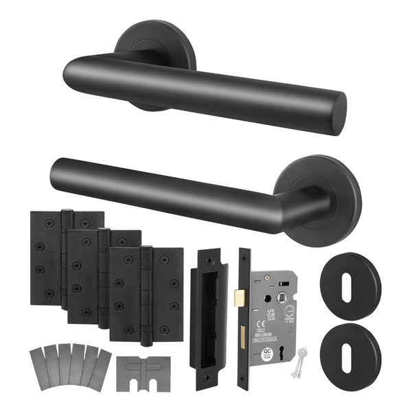 Mitre Matt Black Lever on Rose Door Handle Kit - Medium Duty FD30/60 - 80mm Sashlock - tradefit - Featured Image