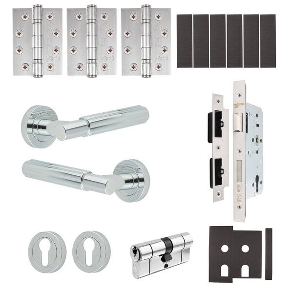 Flores Polished Chrome Lever on Rose Door Handle Kit - Heavy Duty FD30/60 - DIN Euro Sashlock and Double Cylinder - Master Keyed - tradefit - Featured Image