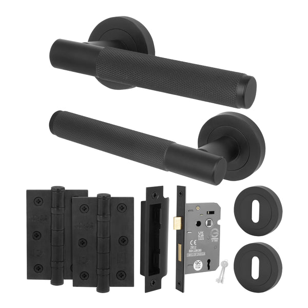 Dumont Matt Black Lever on Rose Door Handle Kit - Heavy Duty FD30/60 - DIN Euro Sashlock and Thumbturn Cylinder - Keyed to Differ - tradefit - Featured Image