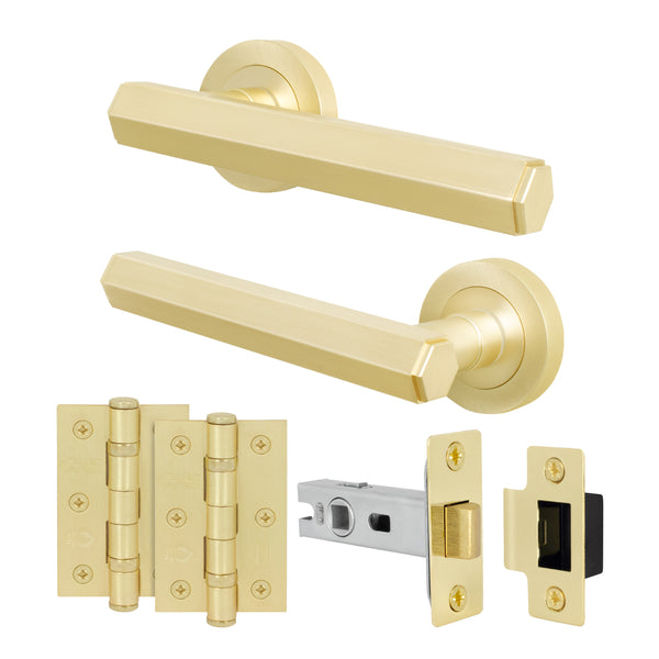 Moreno Satin Brass Lever on Rose Door Handle Kit - 64mm Latch - tradefit - Featured Image