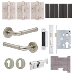 Santana Satin Nickel Lever on Rose Door Handle Kit - Medium Duty FD30/60 - 80mm Euro Sashlock and Thumbturn Cylinder - Keyed Alike - tradefit