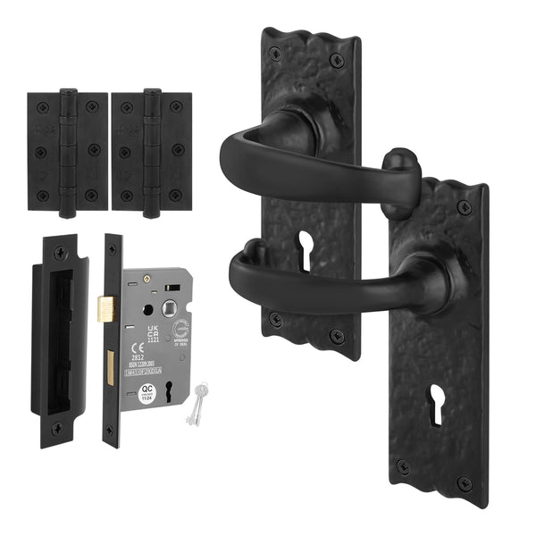 Black Iron Lever Door Handles on Backplate Traditional Canterbury Pattern Lock Pack - 150 x 47mm - 64mm Lock & 76mm Hinge - Black Antique Iron - tradefit - Featured Image
