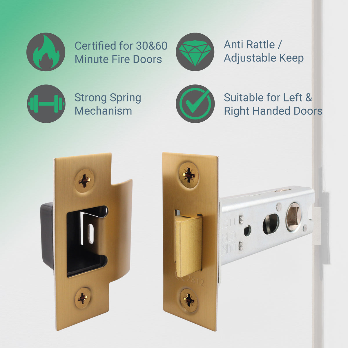 4 inch/102mm Fire Rated Tubular Latch Bolt Through - 57mm Backset - Satin Brass - tradefit
