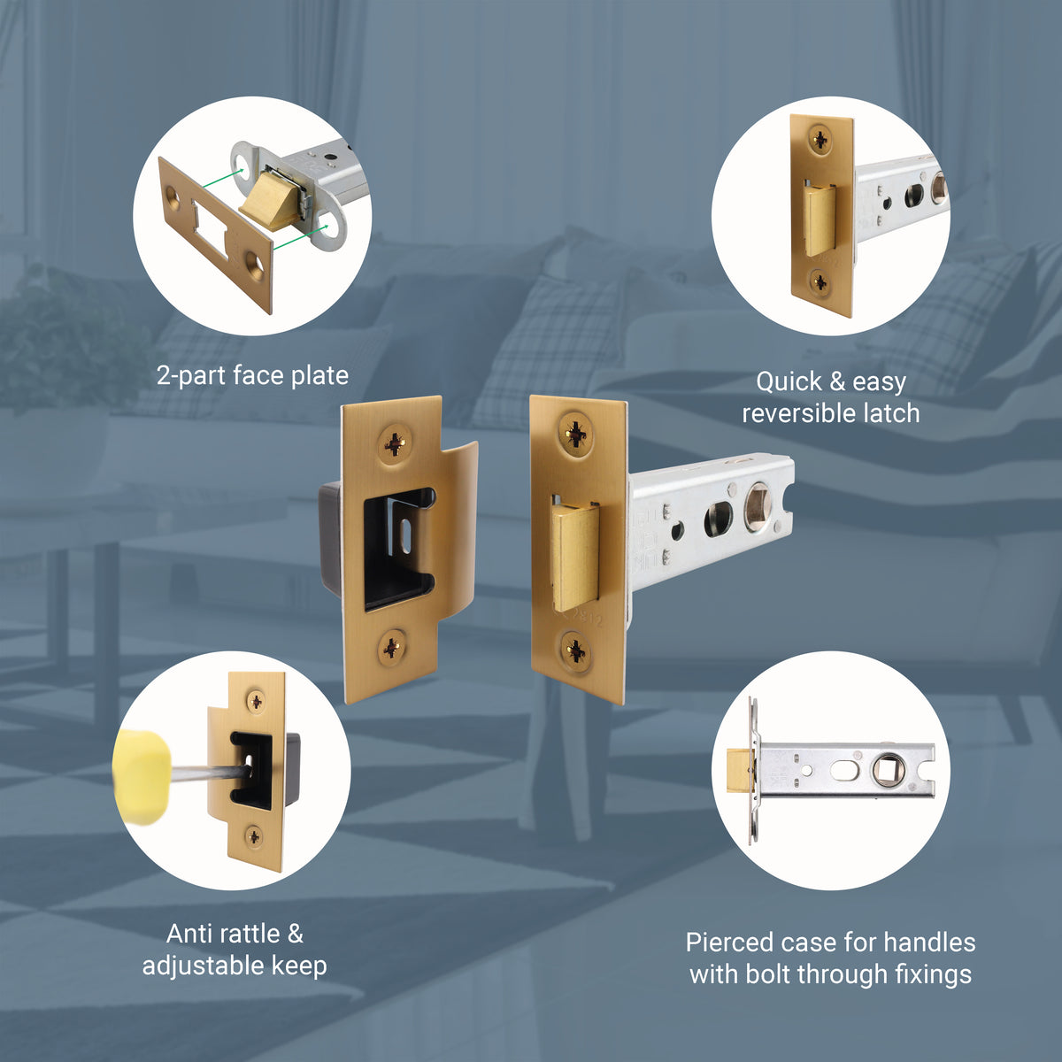 4 inch/102mm Fire Rated Tubular Latch Bolt Through - 57mm Backset - Satin Brass - tradefit
