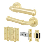 Claro Satin Brass Lever on Rose Door Handle Kit - 64mm Latch - tradefit - 1