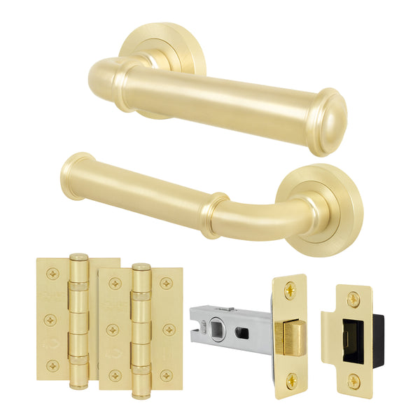 Claro Satin Brass Lever on Rose Door Handle Kit - 64mm Latch - tradefit - Featured Image