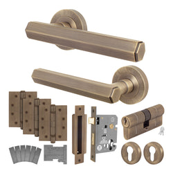Moreno Antique Brass Lever on Rose Door Handle Kit - Medium Duty FD30/60 - 80mm Euro Sashlock and Double Cylinder - Keyed to Differ - tradefit