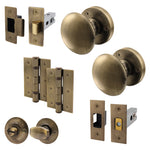 Victorian Antique Brass Mortice Door Knob Kit - 76mm Bathroom Deadbolt & 76mm Hinges - tradefit - 1