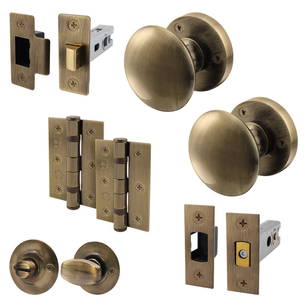 Victorian Antique Brass Mortice Door Knob Kit - 76mm Bathroom Deadbolt & 76mm Hinges - tradefit - Featured Image