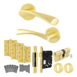 Nola Satin Brass Lever on Rose Door Handle Kit - Standard Duty FD30/60 - 80mm Euro Sashlock and Double Cylinder - Master Keyed - tradefit - 1