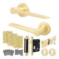 Tapera Satin Brass Lever on Rose Door Handle Kit - Medium Duty FD30/60 - 80mm Euro Sashlock and Thumbturn Cylinder - Keyed to Differ - tradefit