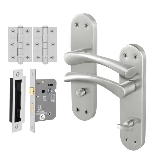 Nola Satin Nickel Lever on Backplate Door Handle Pack - 64mm Bathroom Lock - tradefit - Featured Image