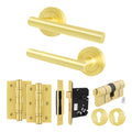 Olbia Satin Brass Door Handle Euro Lock Kit - Lever on Rose 78mm Euro Sashlock and Double Cylinder - Keyed to Differ