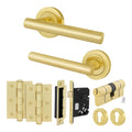 Olbia Satin Brass Lever on Rose Door Handle Kit - 80mm Euro Sashlock and Thumbturn Cylinder - Keyed to Differ