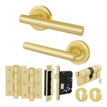 Olbia Satin Brass Lever on Rose Door Handle Kit - 80mm Euro Sashlock and Thumbturn Cylinder - Master Keyed - 1