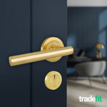 Olbia Satin Brass Lever on Rose Door Handle Kit - 80mm Euro Sashlock and Thumbturn Cylinder - Master Keyed - 6