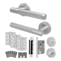 Aurora Satin Nickel Lever on Rose Door Handle Kit - Medium Duty FD30/60 - 80mm Bathroom Lock