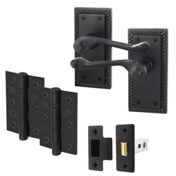 Georgian Rope Edge Scroll Black Door Handle Pack - 64mm Latch - tradefit