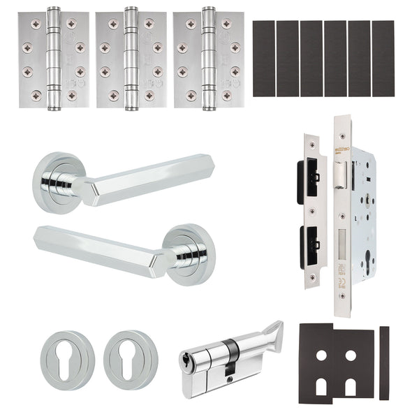 Moreno Polished Chrome Lever on Rose Door Handle Kit - Heavy Duty FD30/60 - DIN Euro Sashlock and Thumbturn Cylinder - Master Keyed - tradefit - Featured Image