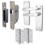 London Lever Door Handle 5 Lever Lock Kit / Pack - 153 x 40mm - 66mm Sash Lock & 76mm Hinges - Satin Aluminium - tradefit - 1