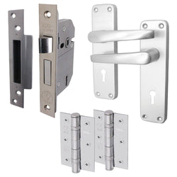 London Lever Door Handle 5 Lever Lock Kit / Pack - 153 x 40mm - 66mm Sash Lock & 76mm Hinges - Satin Aluminium - tradefit
