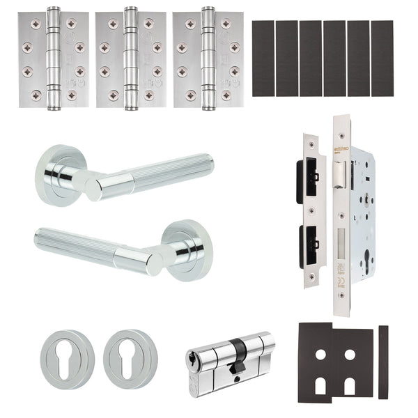 Aurora Polished Chrome Lever on Rose Door Handle Kit - Heavy Duty FD30/60 - DIN Euro Sashlock and Double Cylinder - Keyed Alike - tradefit - Featured Image
