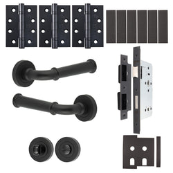 Claro Matt Black Lever on Rose Door Handle Kit - Heavy Duty FD30/60 - DIN Bathroom Lock - tradefit