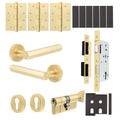 Moreno Satin Brass Lever on Rose Door Handle Kit - Heavy Duty FD30/60 - DIN Euro Sashlock and Thumbturn Cylinder - Keyed to Differ
