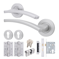 Euroda - Plus Satin Chrome Lever on Rose Door Handle Pack - Euro Lock & Cylinder - tradefit