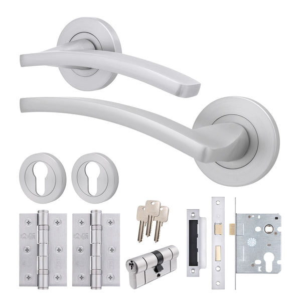 Euroda - Plus Satin Chrome Lever on Rose Door Handle Pack - Euro Lock & Cylinder - tradefit - Featured Image
