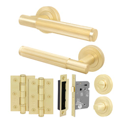 Aurora Satin Brass Lever on Rose Door Handle Kit - 64mm Bathroom Lock