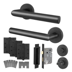 Mitre Matt Black Lever on Rose Door Handle Kit - Medium Duty FD30/60 - 80mm Bathroom Lock - tradefit