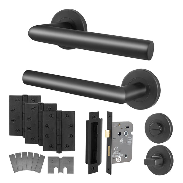 Mitre Matt Black Lever on Rose Door Handle Kit - Medium Duty FD30/60 - 80mm Bathroom Lock - tradefit - Featured Image