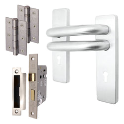 Round Bar 19mm Safety Return To Door Lever Lock Pack - 175 x 44mm - 66mm Lock x 75mm Hinges - Satin Stainless - tradefit