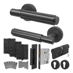 Flores Matt Black Lever on Rose Door Handle Kit - Medium Duty FD30/60 - 80mm Euro Sashlock and Double Cylinder - Master Keyed