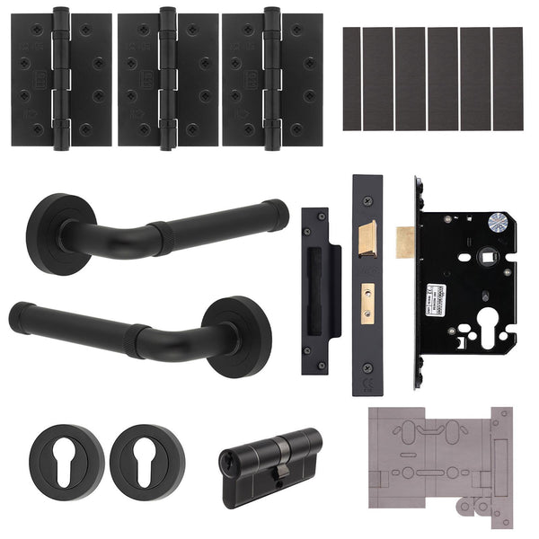 Santana Matt Black Lever on Rose Door Handle Kit - Medium Duty FD30/60 - 80mm Euro Sashlock and Double Cylinder - Master Keyed - tradefit - Featured Image