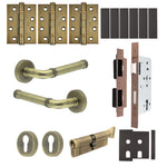 Santana Antique Brass Lever on Rose Door Handle Kit - Heavy Duty FD30/60 - DIN Euro Sashlock and Thumbturn Cylinder - Keyed Alike - tradefit - 1